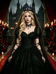 2pcs/Set Gothic Style Black Crown & Veil Wedding Accessory Set, Black Queen Vintage Style, Suitable For Halloween Gothic Costume, Can Be Used As Black Wedding Dress Photography Accessory - Multicolor - View 2
