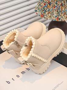 Off-White Girls' Boots, New Autumn/Winter Style, Contrast Color Shoe Opening, Side Zipper, Anti-Slip Thick Sole, Soft Surface, Children's Work Boots, Lace-Up, Wear-Resistant, Matte, British Style, Fashionable Versatile Daily Outdoor Boots - White - View 3