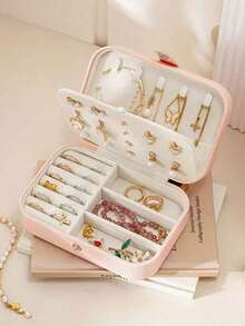 1pc Travel Double Layer Jewelry Box, PU Leather Jewelry Storage Box, Snap Closure Jewelry Organizer, Double Layer Travel Jewelry Display Box, Portable Travel Jewelry Organizer, Jewelry Collection Box, Suitable For Travel And Home Use - Jewelry Box - View 5