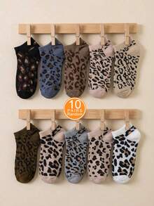 10 Pasang Kaos Kaki Pendek Wanita Motif Leopard Acak Warna, Cocok untuk Pemakaian Sehari-hari, Jalan-jalan, dan Hadiah - MultiWarna - View 6