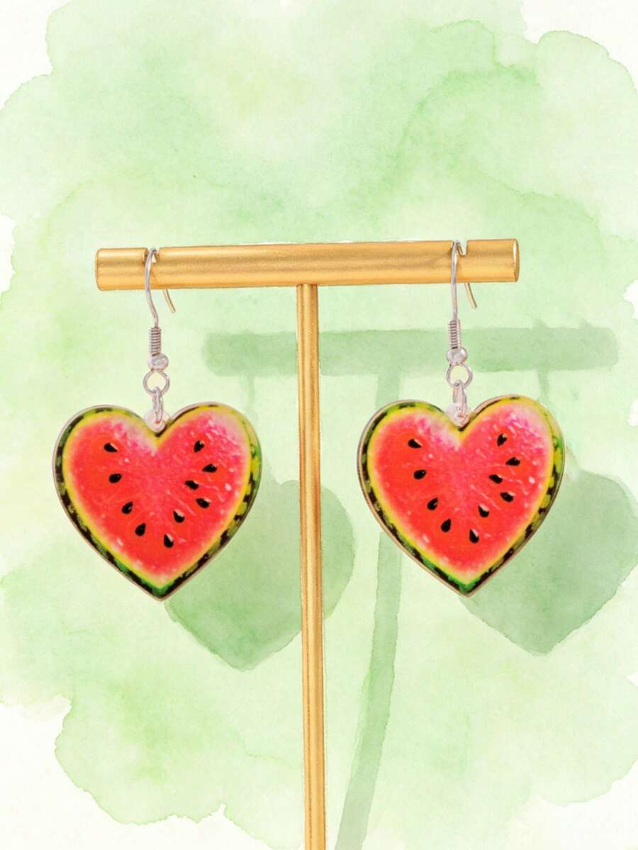 1 Pair Flat Bohemian Vacation Style Cute Watermelon Shaped Heart Acrylic Pendant Earrings - Multicolor - View 1