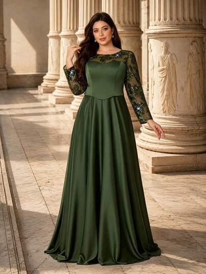 Summer/Fall Elegant Plus Size 2‑In‑1 Prom Dress Long Sleeve Sequin Lace Mesh Bodice Satin A‑Line Gown, Round Neck Illusion Formal Evening Party