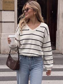 JIANHU Women's Striped V-Neck Pullover Sweater, Long Sleeve Contrast Striped, Winter Holiday Casual Wear - White - View 4