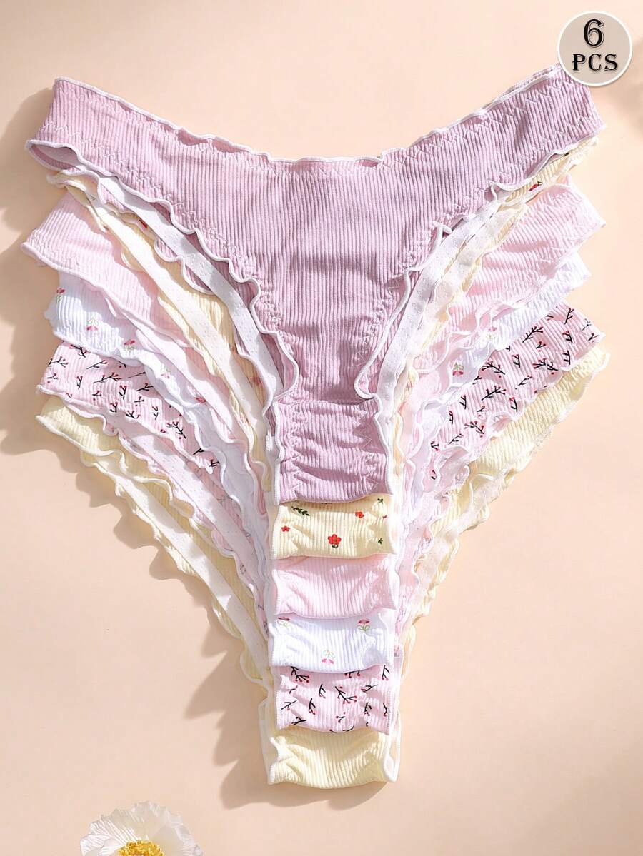 6 PCS Sweet Ditsy Floral Ruffle Trim Briefs Set Low Waist Seamless Bikini Panties Soft Comfortable Underwear For Yoga, Sports Daily Wear