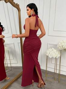 AIJ Fall Women's Long Dress, Legant Bodycon Fit With Ruched Bust,Slit In Stretchy Fabric For Formal Night Out Wedding Guest Party Dress Elegant Red - Red - View 5