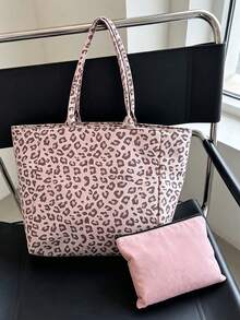Pink Leopard-Print Tote Bag With Matching Cosmetic Pouch And High-Capacity Shoulder Shopping Bag;Suitable For Shopping, Trips.For Teachers' Day,Partie - Multicolor - View 6