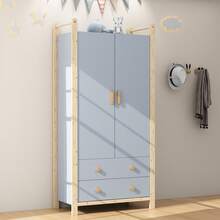 With Storage Blue Wardrobe Frame, Wood+Birch, - Blue - View 2