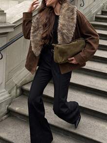 Luxury Suede Oversized Wool Coat Women Lapel Faux Fur Long Sleeve Daily Fall Winter Fashion - Coffee Brown - View 4