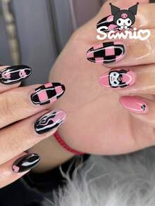 萬聖節 Sanrio Hello Kitty 24片 Y2K 短橢圓形穿戴甲，可愛 Kuromi、火焰、蝴蝶結與愛心設計，完美貼合壓克力假指甲套組，含 1 個果凍膠與 1 個指甲锉，適合女性女孩日常、派對、聚會使用 - 彩色 - 查看 1