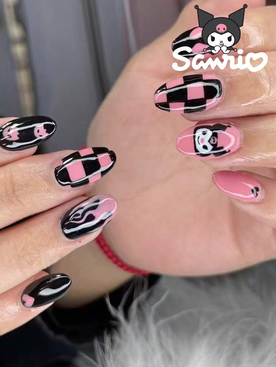 萬聖節 Sanrio Hello Kitty 24片 Y2K 短橢圓形穿戴甲,可愛 Kuromi、火焰、蝴蝶結與愛心設計,完美貼合壓克力假指甲套組,含 1 個果凍膠與 1 個指甲锉,適合女性女孩日常、派對、聚會使用 - 彩色 - 查看 1