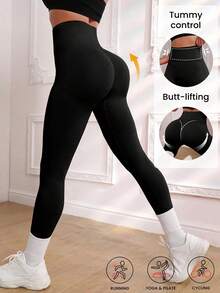 Celana Yoga Wanita Pinggang Tinggi Pengontrol Perut - Tanpa Jahitan, Pembentuk Bokong, Legging Kompresi Anti-Terlihat untuk Olahraga dan Lari - Hitam - View 1