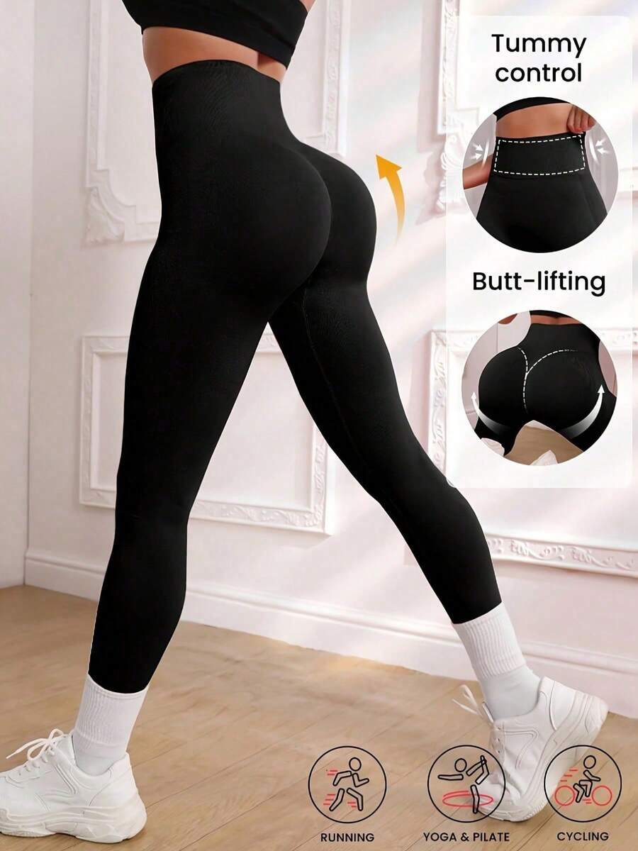 Celana Yoga Wanita Pinggang Tinggi Pengontrol Perut - Tanpa Jahitan, Pembentuk Bokong, Legging Kompresi Anti-Terlihat untuk Olahraga dan Lari - Hitam - View 1