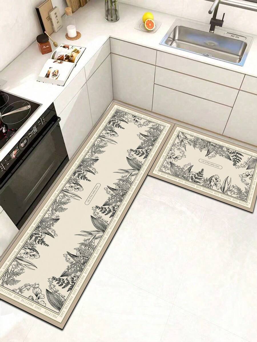 1 Pc Floral And Leaf Pattern Kitchen Mat, 3.5 Mm Soft Rubber That Absorbs Water And Is Easy To Clean. Suitable For Corridors, Bathrooms, Living Rooms, Outdoor Door Mats, And Toilets. Useable Throughout The Year And For Various Holidays. - Multicolor - View 1