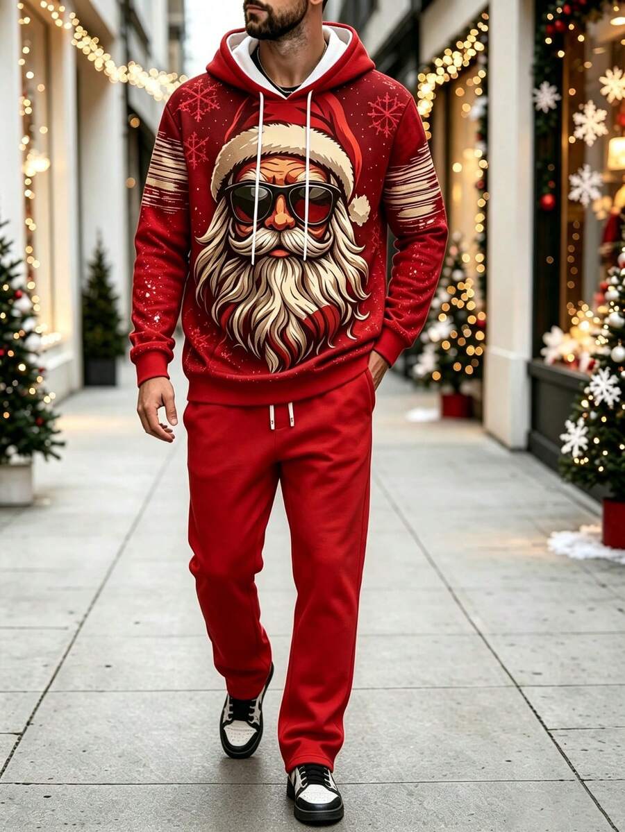 Men's Christmas Casual Comfortable Hoodie And Pants Set, Holiday Essential - Multicolor - View 1