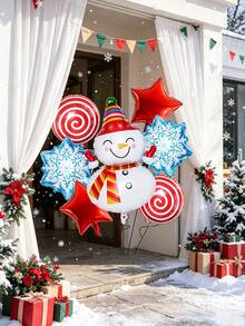 Classic Christmas Red, Green And Gold Color Scheme, Suitable For Outdoor Yard Christmas Party Decor, Rich Layered Arrangement Without Clutter, Strong Realistic Scene Feeling, Excellent Photography Effect, Quickly Create A Lively And Exquisite Christmas Holiday Atmosphere - Smiling Snowman, Round Ball, Snowflake, and Five-pointed Star 7-piece Set - View 2