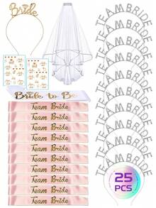 25/1/5/10件組閃亮髮飾婚禮配件，適合伴娘派對與單身女郎派對（包含閃亮髮飾＋伴娘腰帶＋準新娘腰帶＋單身女郎派對面紗＋伴娘頭飾） - 彩色 - 查看 3