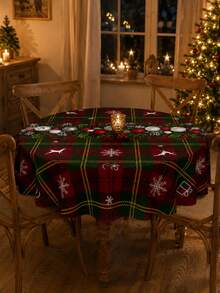 1pc Christmas Plaid Tablecloth, Classic Polyester Rectangular Tablecloth, Printed With Greenery Wreath, Red Berries, Decorative Balls And Snowflake Patterns, Suitable For Kitchen Decor, Wedding, Home Decor, Room Decor, Christmas Home Decor And Classroom Decor - Multicolor - View 7