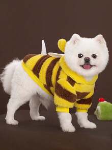 Cute Bee Design Plush Pet Hooded Costume Set With Wings And Antennae, D-Ring On Back For Leash Attachment, Warm Cosplay Pet Clothing For Autumn/Winter, Suitable For Small And Medium Cats And Dogs, Indoor And Outdoor Use - Yellow - View 4