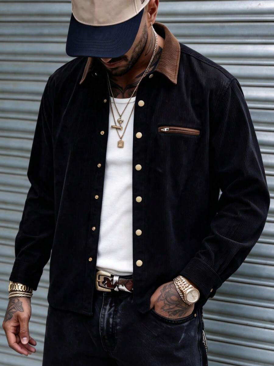 GOLDREDY Contrast Collar Corduroy Shacket Men's Autumn Vintage Patchwork Lapel Four-Button Casual Long Sleeve Shacket - Black - View 1