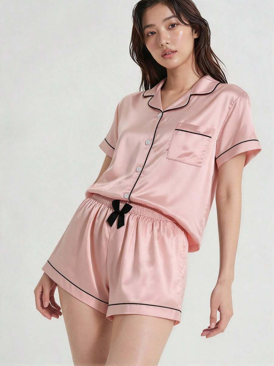 Mystèrelle [Elegant Fields]2pcs/Set Satin Pajama Set For Women, Short Sleeved Turn-Down Collar Top And Bowknot Shorts, Home Clothing, Two Pieces Set - Pink - View 1
