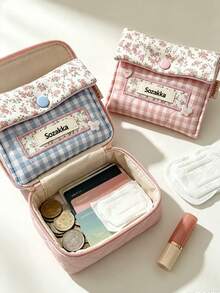 1pc Gingham Floral Fabric Sanitary Pad Storage Bag, Snap Button Closure Portable Period Pouch, Mini Travel Organizer For Student Girls, Hold Napkins Lipstick Small Accessories For Daily Outing Storage Bag - Multicolor - View 5