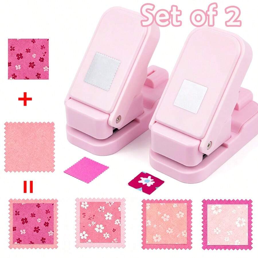 2pcs/Set (1pc Serrated Edge Square Punch + 1pc Solid Square Punch) Layered Serrated Edge Square Paper Punch, Suitable For Scrapbooking And Collage, Stamp Style Nested Craft Punch, With Precise Alignment Hollow Design, Suitable For Card Making - Pink