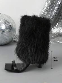 Autumn/Winter Niche Long Fur Ankle High Heel Sandals Boots Women Square Toe Single Strap Stiletto Heel Slimming Short Boots - Black - View 3
