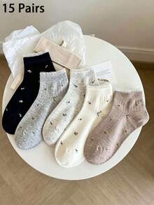 5/10/15 Pairs Minimalist Fashion Comfortable Versatile Forest Style Short Socks, Cute Floral Pattern, All-Season - Multicolor - View 14
