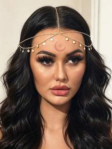 1pc Gold Bohemian Multi-Layer Headchain, Disc Pendant Tassel Headpiece, Suitable For Women Beach And Festivals - Gold - View 1