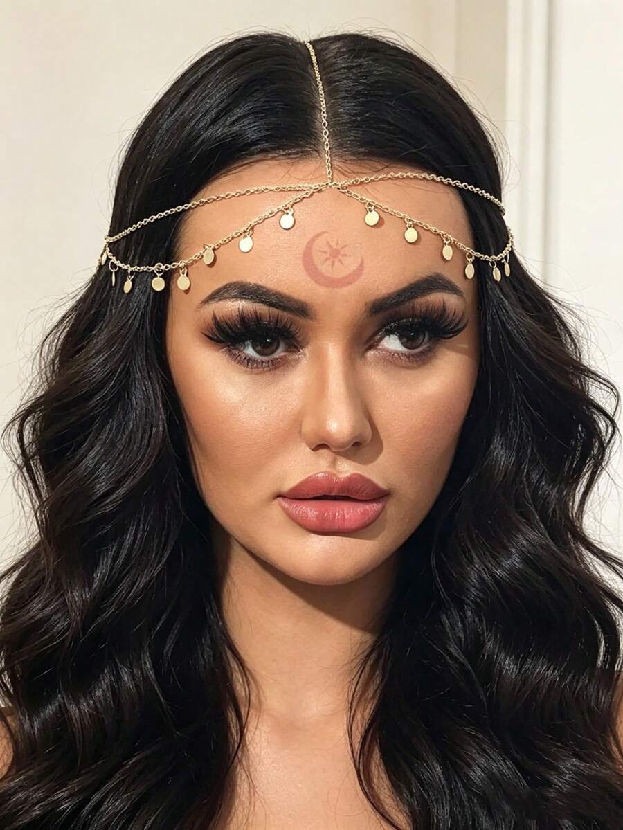1pc Gold Bohemian Multi-Layer Headchain, Disc Pendant Tassel Headpiece, Suitable For Women Beach And Festivals - Gold - View 1