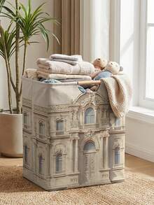 1PC Storage Basket, Laundry Hamper, Laundry Basket, Storage Bucket, House Print Design, Storage Basket With Wooden Handle, Foldable Multi‑Purpose Storage Bin, For Daily Clothes Organization - Multicolor - View 10