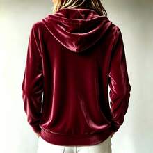 Áo khoác hoodie kéo khóa màu trơn tối giản đa năng mặc hàng ngày, tay dài có dây rút, phong cách thể thao trẻ trung kiểu đại học, áo cardigan len dệt kim nữ thường ngày, thu/đông - Màu Đỏ Sâu - Xem 2