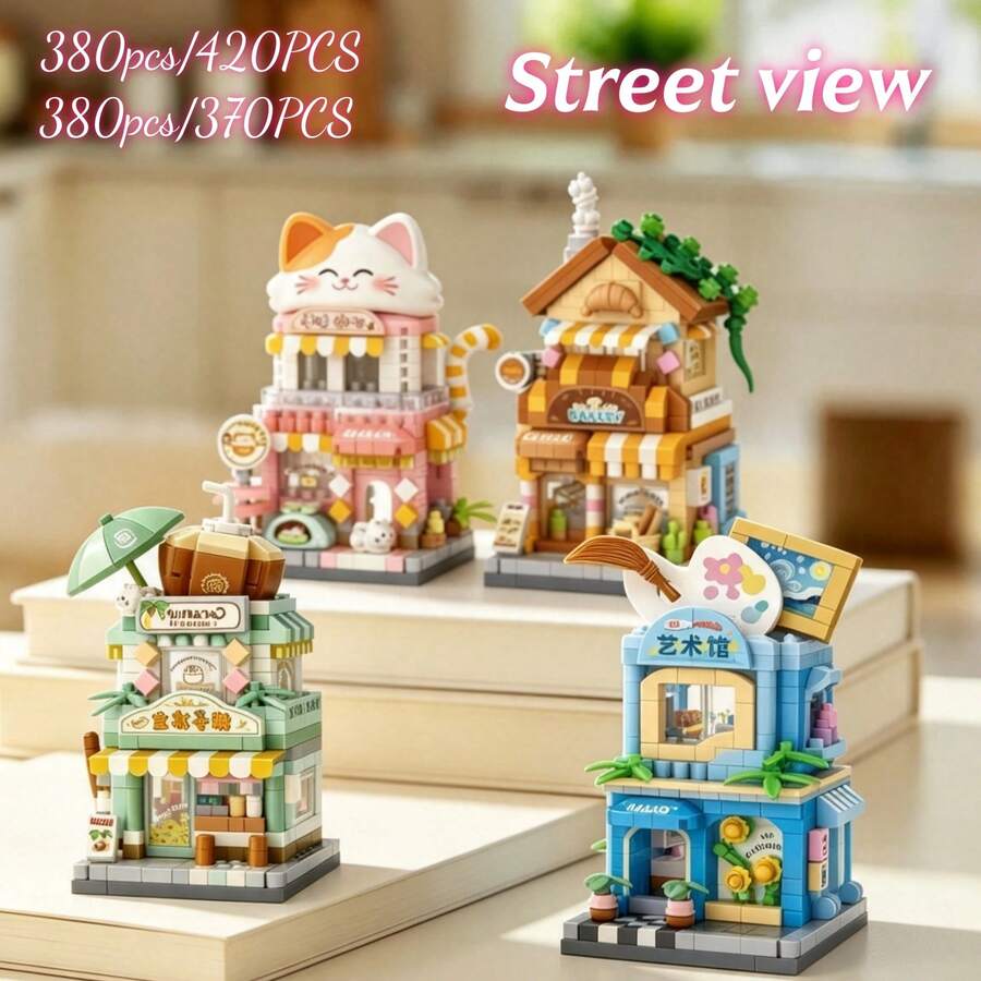 4pcs/1pc/370+Pcs 微粒可愛趣味街景，可愛設計，精緻組裝，ABS樹脂材質，3D迷你積木組裝裝飾，柔軟紓壓小物，適合桌面裝飾、玄關佈置、情人節、母親節、父親節、復活節、萬聖節、夏季、婚禮季、生日及重大節日驚喜禮物