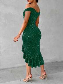 ChicMe Open Shoulder Beaded Ruffle Hem Fitted Mid-Length Dress, Sexy Party Elegant Fashion Summer - Green - View 3