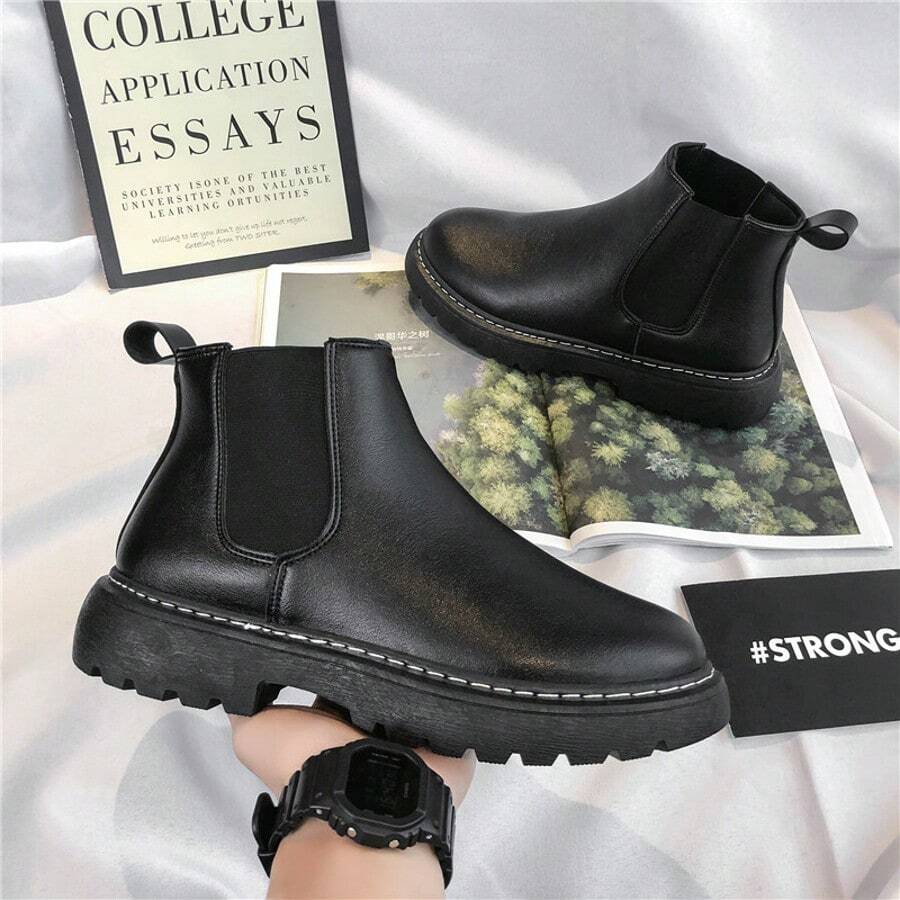 Style With Hoodies,Men's Chelsea Leather Ankle Boots High Top Boots Black Versatile Breathable Cargo Boots Outdoor Non-Slip Motorcycle Boots