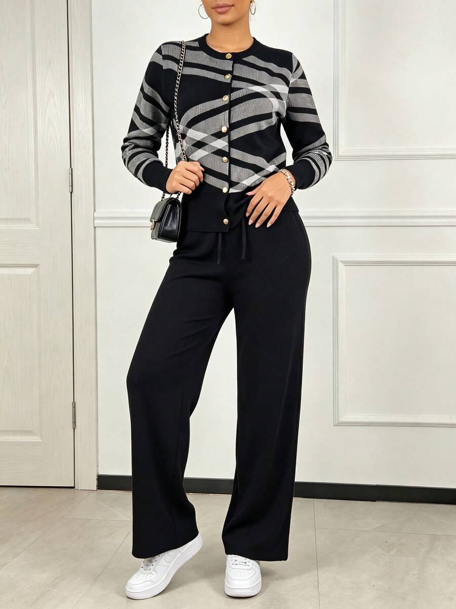 Conjunto mujer 2 piezas: suéter manga larga y pantalones largos, diseño moderno, tejido suave abrigado para otoño‑invierno, look elegante y acogedor. - Negro - Ver 1