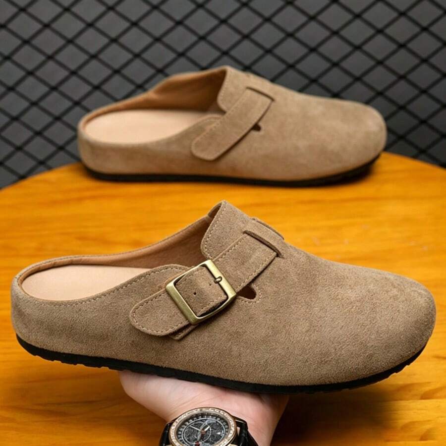 Men's Casual Retro Slip-On Mule Loafers With Metal Decor, Half-Toe Backless Slides - Khaki - View 1