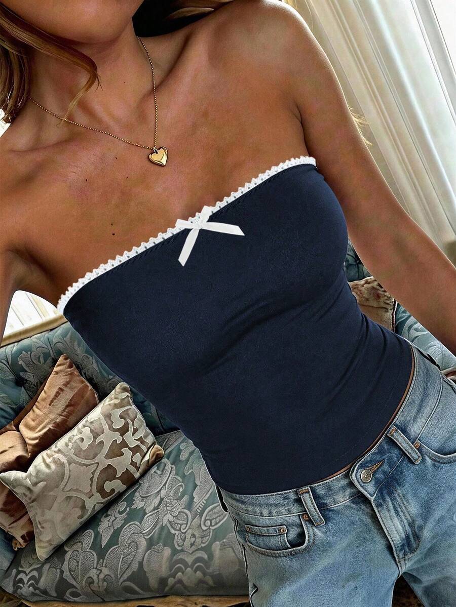 女士Y2K性感修身蕾丝蝴蝶结衬衫,夏季休闲款 - 藏蓝色 - 查看 1