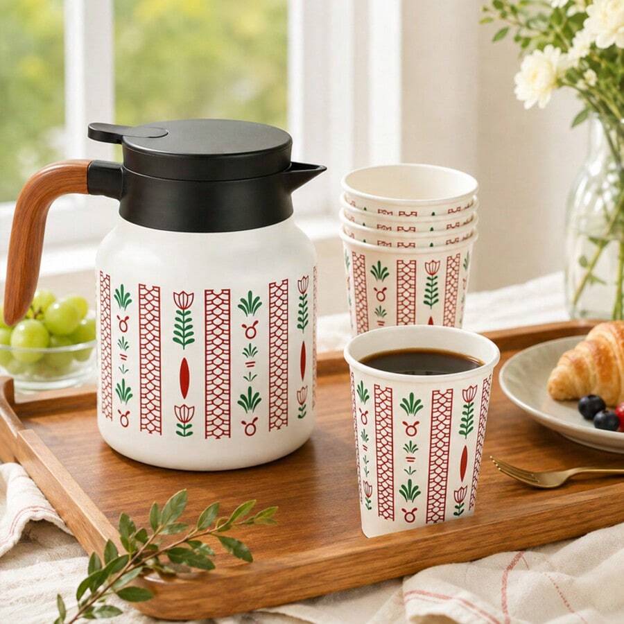 1pc 800ml Saudi Style Coffee/Tea Pot, Long Keeping Warm, Middle Eastern Style Palm Tree Print, Suitable For Home, Restaurant, Gift Giving, Saudi National Day - Multicolor - View 1