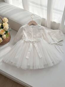 Baby Girls' White Long Sleeve Dress With Hat, Perfect For Flower Girl Wedding - White - View 3