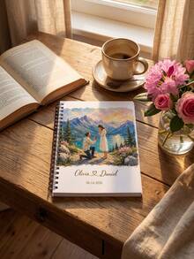 1pc Custom Couple Photo And Text Spiral Notebook, Custom Oil Painting Proposal Scene Journal, Unique Engagement Keepsake Gift For Fiancé Fiancée Wedding Memory Book - Multicolor - View 4