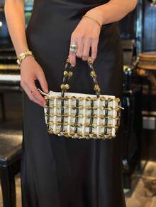 Dedoo Women Evening Hand Tote Bag, Small Rectangular Beaded Handbag, Drawstring Closure, Retro Elegant Style, For Wedding Dating Daily Party Ladies - Gold - View 3