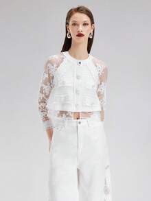 Rich Radi Q's Solid Color Woven Fabric Pearl Embroidered Top For Daily Wear, Dating, Vacation, All Seasons - White - View 8