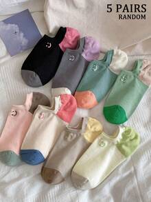 5 Pairs Women Ankle Socks With Smiling Face Design, Candy Colors, Comfortable Versatile Sweet Non-Slip Invisible Socks, Breathable Fashionable Lining, Suitable For Summer Outfits (Random Mix) - Multicolor - View 6