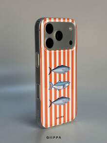 GIIPPA 1件 橘色條紋與魚紋設計手機殼，適用於 Phone 17 Pro Max，相容於 Phone 16 Pro Max、15 Pro Max、14 Pro Max，韓式高端時尚趣味手機殼，適合 11/12/13/14/15/40 Pro Max Plus，男女皆宜的優雅設計，聖誕節、情人節、復活節、婚禮季與生日送給女友的完美禮物！ - 橘色 - 查看 2