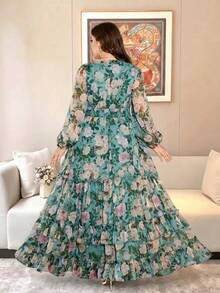 Plus Size Women's V-Neck Floral Print Casual Party & Travel Dress Elegant - Green - View 3