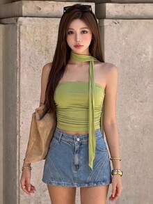 Top Dazzle Chic Women's Green Backless Cropped Tube Top, Sleeveless Knit Tank Top, Suitable For Spring And Summer - Green - View 2