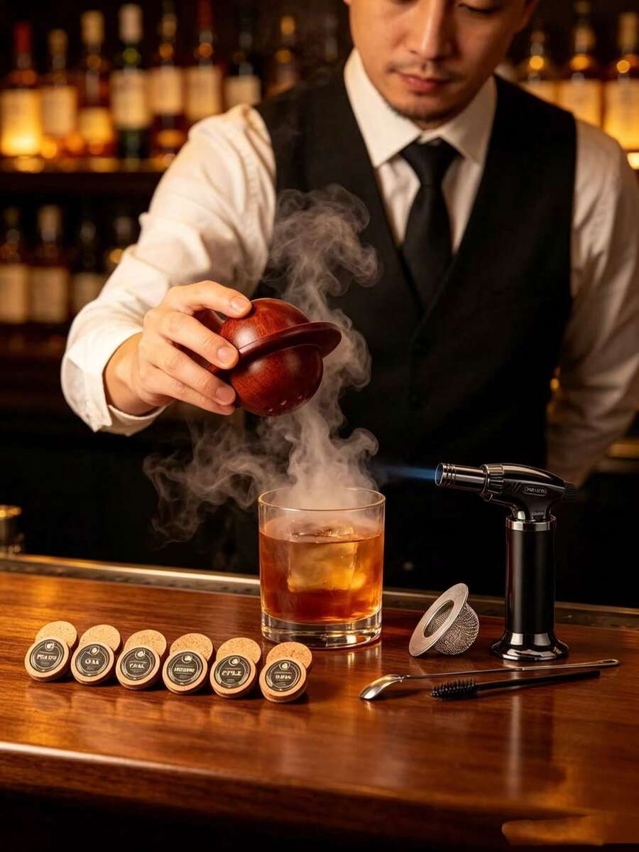 Wooden Covered Cocktail Smoker Set, Wooden Base Whiskey Aroma Enhancer, Ideal Gift For Father's Day And Valentine's Day, Fuel Not Included - Multicolor - View 1
