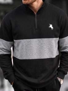Men's Black & Grey Horizontal Striped Colorblock Half-Zip Sweatshirt, Small Horse Rider Logo Print On Chest, Dropped Shoulder, Casual Pullover Sweatshirt For Autumn/Winter/Spring - Black - View 3