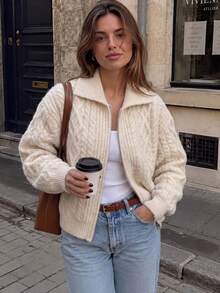 Winter White Cable Knit Zip-Up Cardigan Jacket With Turn-Down Collar And Long Sleeves, Suitable For Christmas And Daily Wear Vacation - White - View 1